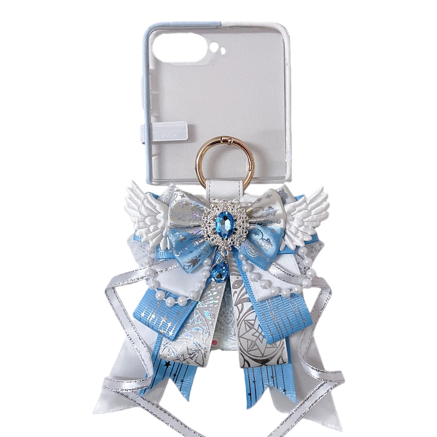 Custom blue decoden phone case with baroque Y2K angel design and handmade cream glue details 