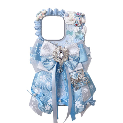 Blue Y2K decoden phone case featuring handmade baroque angel design with cream glue art