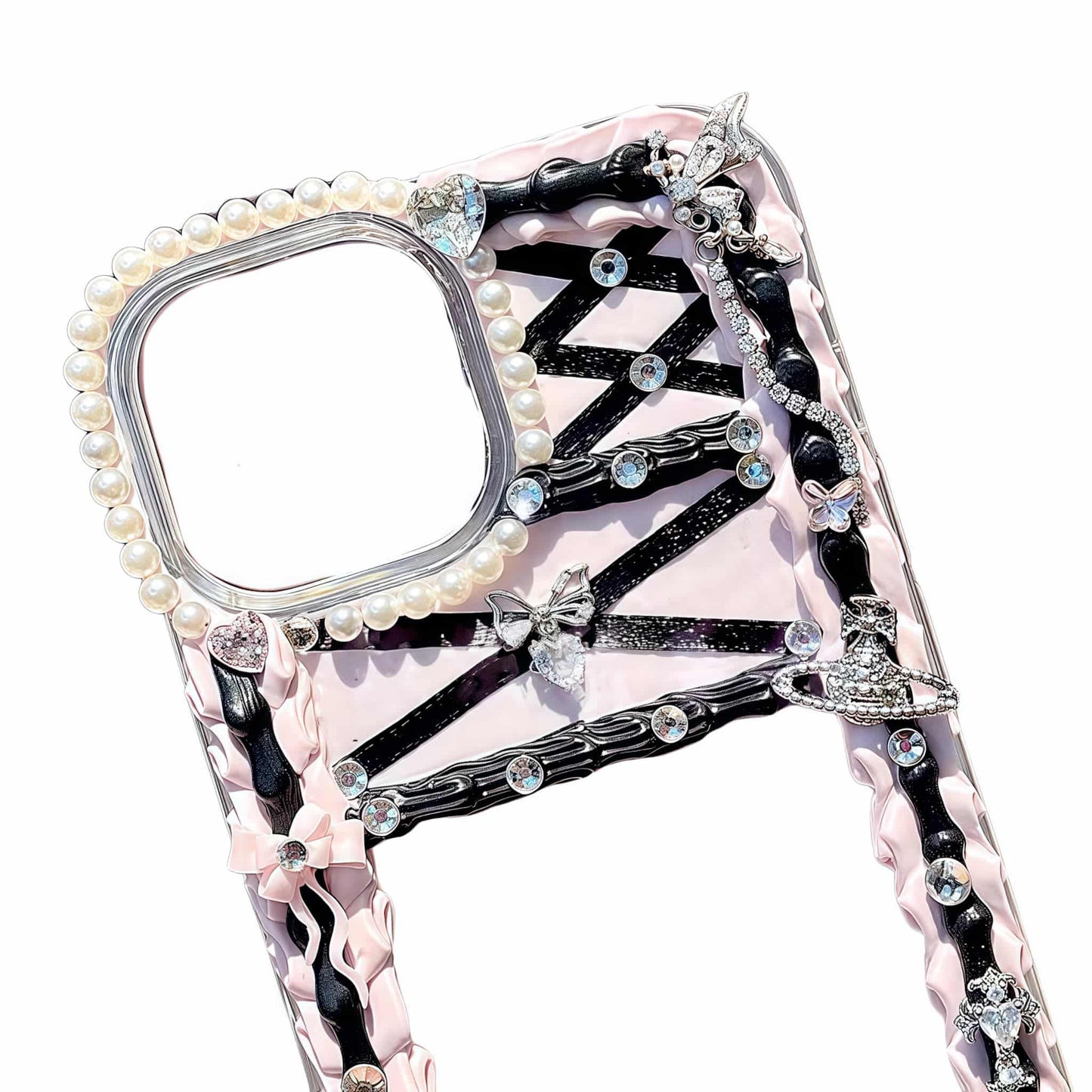 Y2K Decoden phone case detail view showcasing baroque style 3D embellishments and luxury handcrafted artisan design