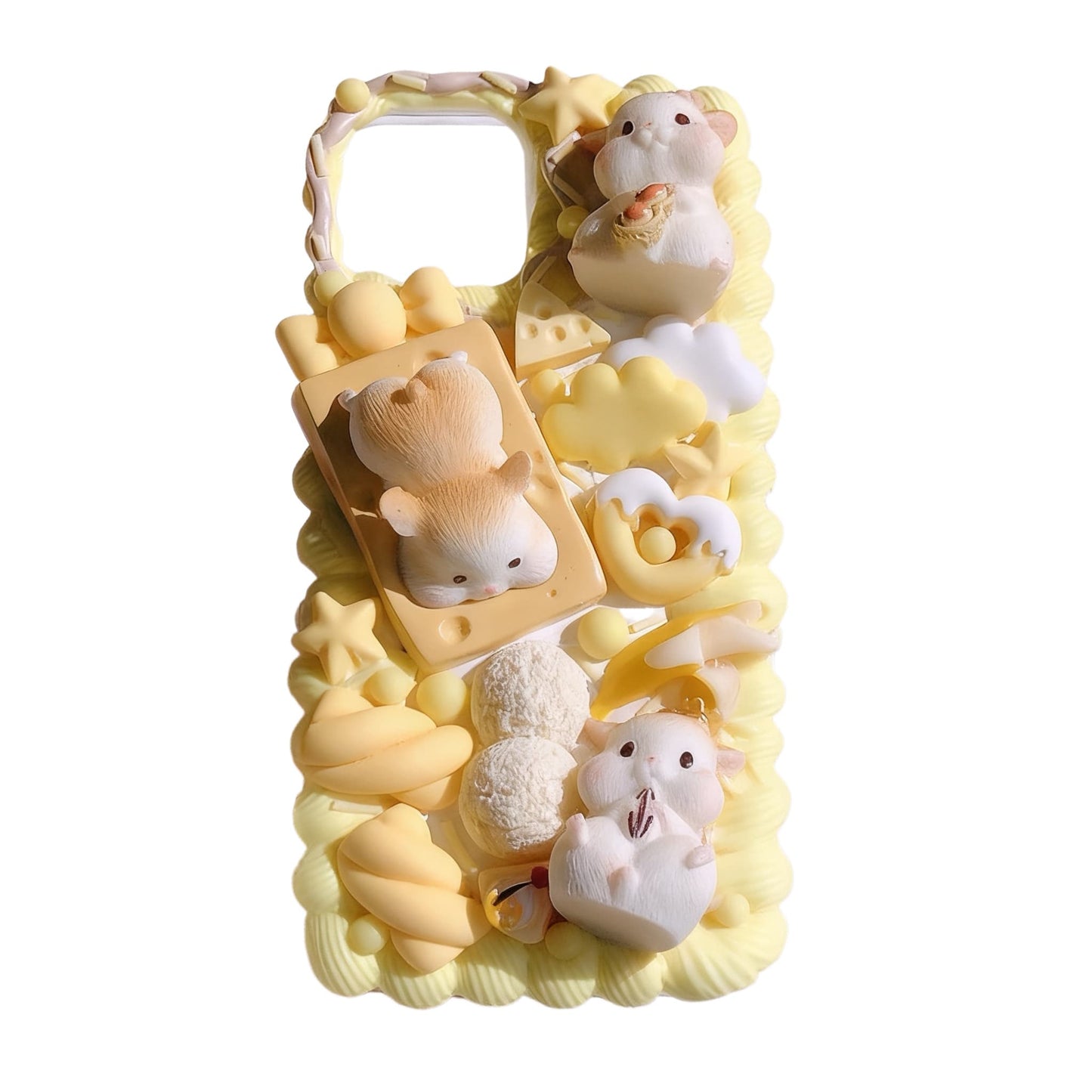 Handmade yellow decoden phone case with Cute hamster design, featuring cream glue embellishments and kawaii baroque-style decorations
